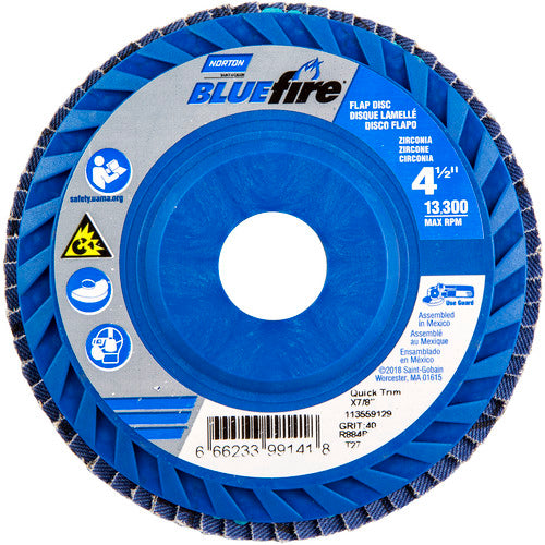 Norton Abrasives MH61FD0499141 4-1/2 x 7/8" BlueFire Plastic Flat Flap Disc Type 27 P40 Grit R884P Zirconia Alumina