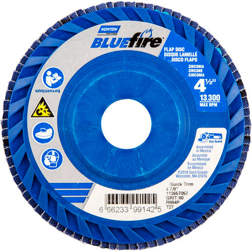 Norton Abrasives MH61FD0499142 4-1/2 x 7/8" BlueFire Plastic Flat Flap Disc Type 27 P60 Grit R884P Ceramic Alumina