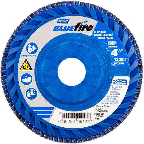 Norton Abrasives MH61FD0499143 4-1/2 x 7/8" BlueFire Plastic Flat Flap Disc Type 27 P80 Grit R884P Ceramic Alumina
