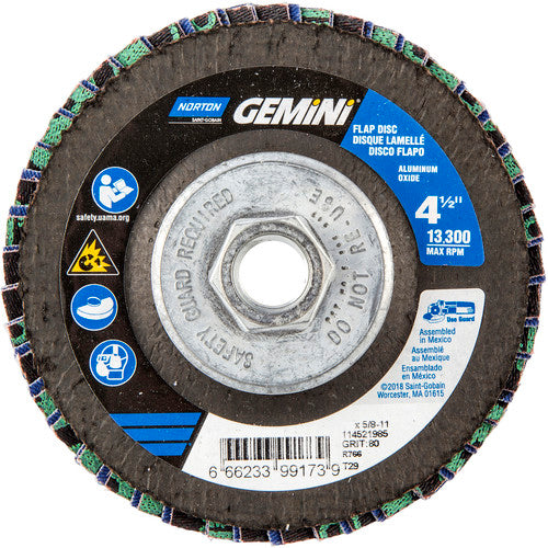 Norton Abrasives MH61FD0499173 4-1/2 x 5/8 - 11" Gemini Fiberglass Conical Flap Disc Type 29 P80 Grit R766 Zirconia Alumina