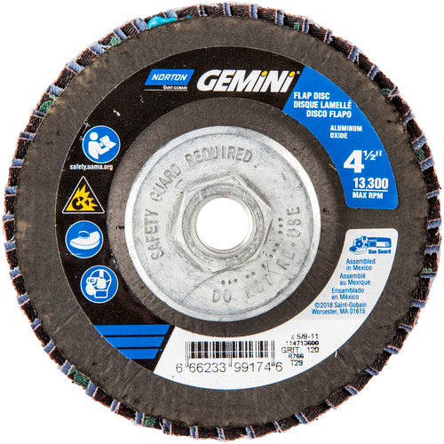 Norton Abrasives MH61FD0499174 4-1/2 x 5/8 - 11" Gemini Fiberglass Conical Flap Disc Type 29 P120 Grit R766 Zirconia Alumina