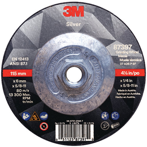 3M TM0187397 3M Silver Depressed Center Grinding Wheel 87397 T27 Quick Change 4.5" x 1/4" x 5/8-11
