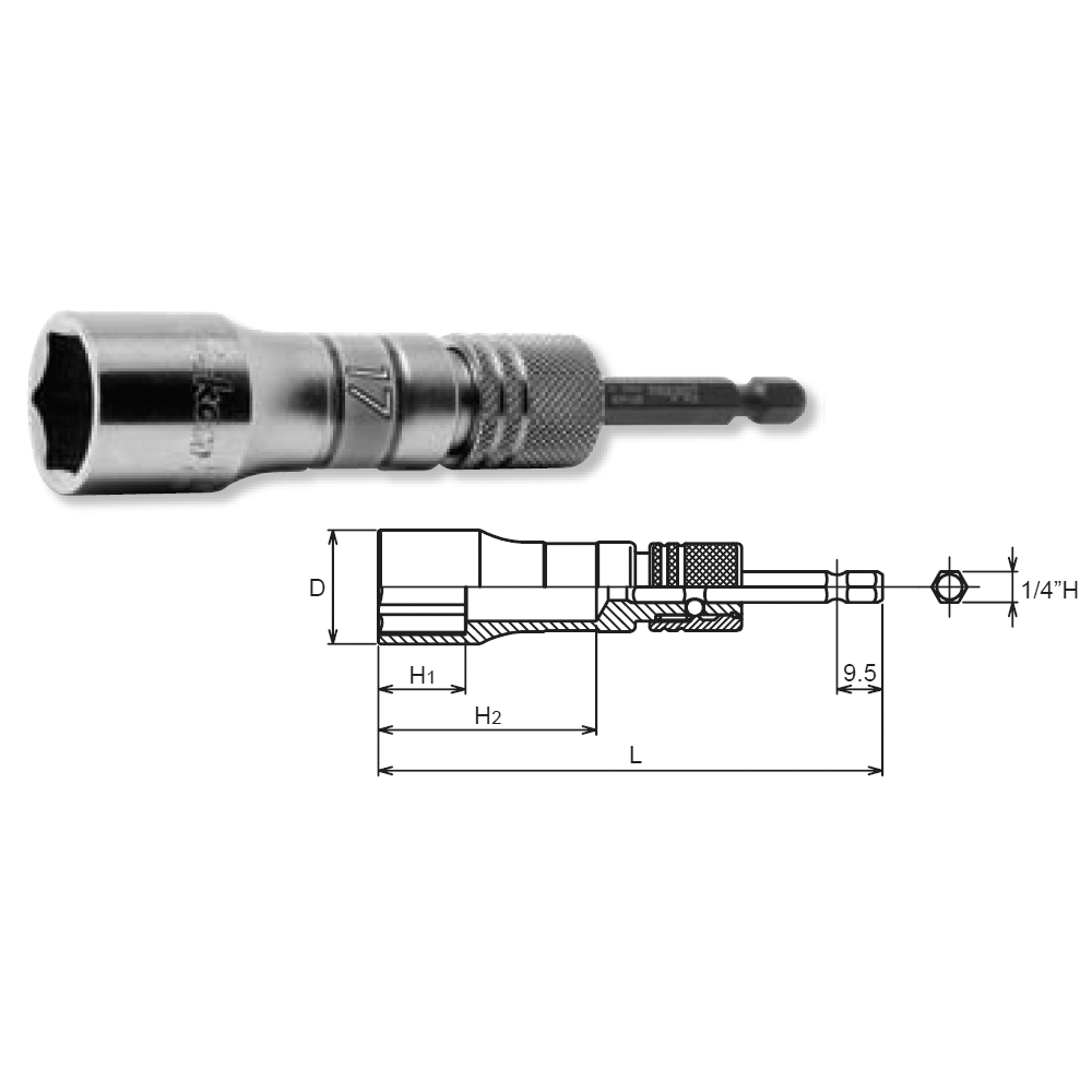 Ko-ken BD042E-24 1/4 Hex Dr. Long Socket  24mm 6 point 111mm Exchangeable Drive shank
