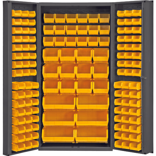 Durham SB55DCBDLP13295 36" W - 14 Gauge - Lockable Bin Cabinet - With 132 Yellow Hook-on Bins - Deep Door Style - Gray