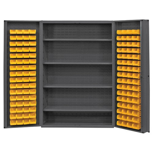 Durham SB55DC481284S95 48" W - 14 Gauge - Lockable Cabinet - With 128 Yellow Hook-on Bins - 4 Adjustable Shelves - Deep Door Style - Gray