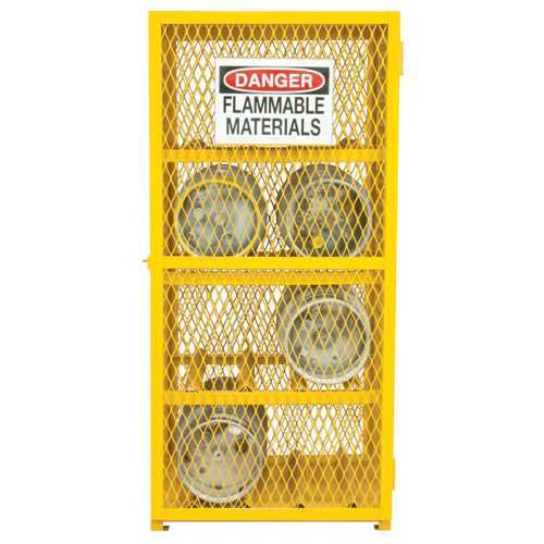 Durham SB55EGCC850 30" W - All Welded - Angle Iron Frame with Mesh Side - Horizontal Gas Cylinder Cabinet - 3 Shelves - Magnet Door - Safety Yellow
