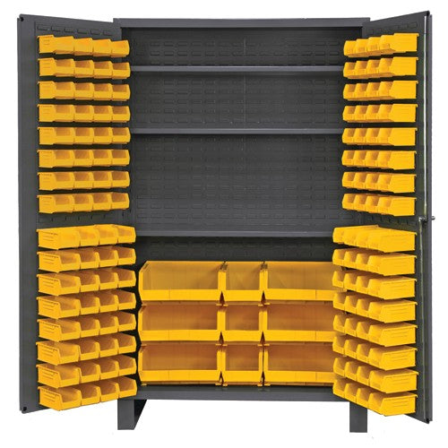 Durham SB55JC1373S95 48" W - 14 Gauge - Lockable Cabinet - With 137 Yellow Hook-on Bins - 3 Adjustable Shelves - Flush Door Style - Gray