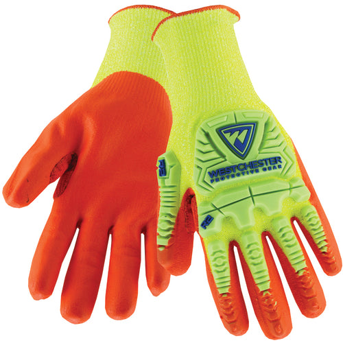 West Chester KP8877725 Hi Vis 10 Gauge Yellow HPPE Shell With Orange Foam Nitrile Palm Gloves 2XL