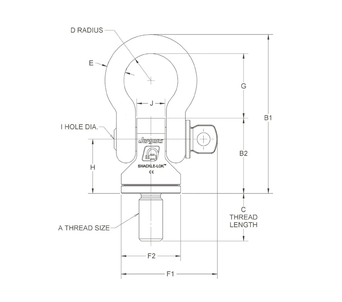 JERGENS HOIST RING, CP, SHACKLE STYLE, M42 X 4.5, C=68.0, 12500 Kg WLL, W/BALL BRGS, AND SHACKLE FOR LIFTING RING - 24465