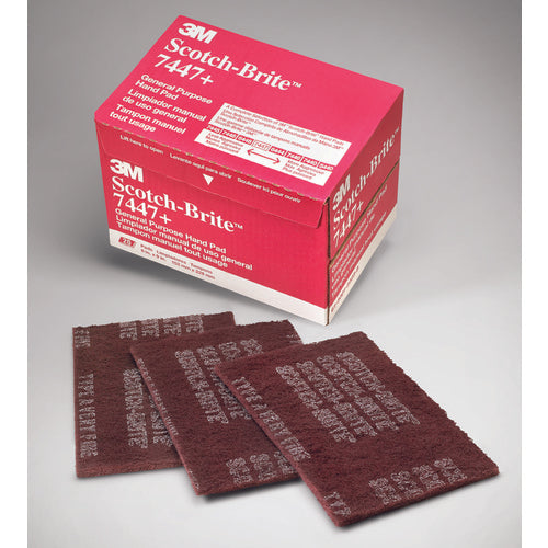 3M TM2204029 3M 7447 Very Fine Grade, Aluminum Oxide Hand Pad Maroon, 6" Wide x 9" Long x 1/4" Thick, Nonwoven Sold in Box of 20