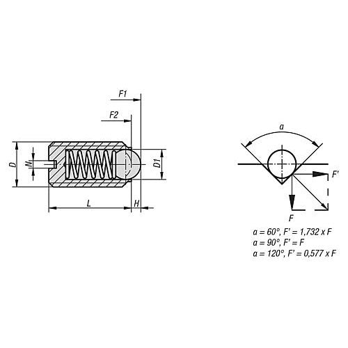 KIPP K0609.06 SPRING PLUNGER SPRING FORCE D=M06 L=14, STAINLESS STEEL, COMP:BALL CERAMIC