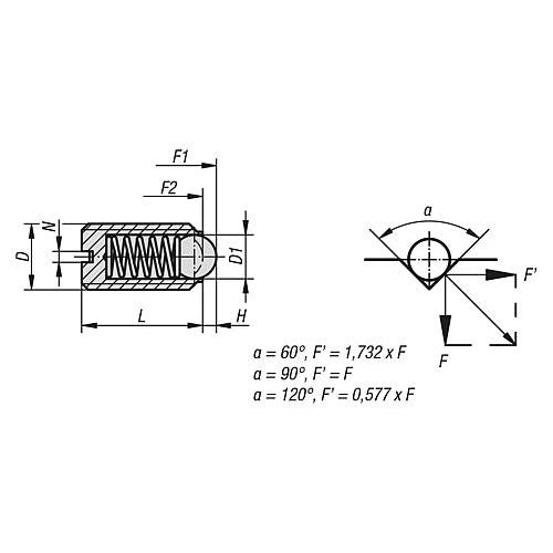 KIPP K0310.406 SPRING PLUNGER SPRING FORCE, LONG VERSION D=M06 L=25, STAINLESS STEEL, COMP:BALL STAINLESS STEEL