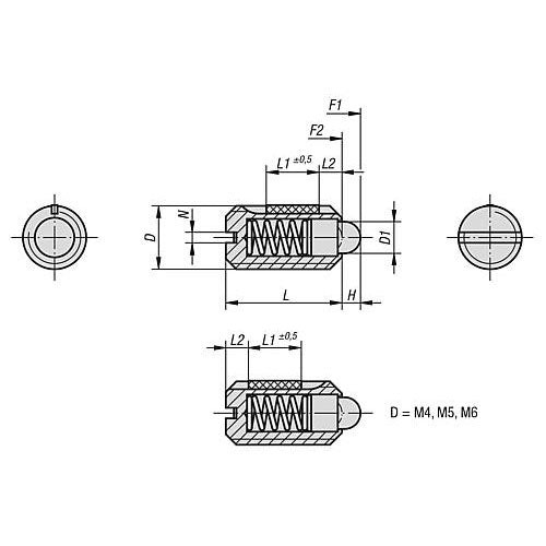 KIPP K0324.116 SPRING PLUNGER LIGHT SPRING FORCE, WITH THREAD LOCK D=M16 L=24, STAINLESS STEEL, COMP:PIN STAINLESS STEEL, PU=5