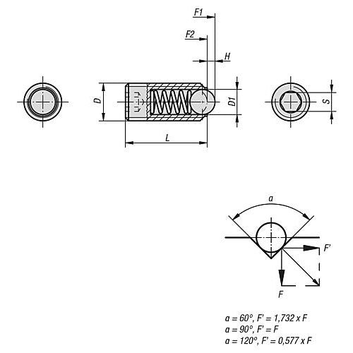 KIPP K0610.10 SPRING PLUNGER, HEXAGON SOCKET, SPRING FORCE, D=M10, L=23, STAINLESS STEEL, COMP:BALL CERAMIC