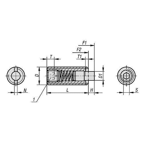 KIPP K1370.10 SPRING PLUNGER STANDARD SPRING FORCE D=M10 L=22 STEEL, FLAT, COMP:PIN STEEL