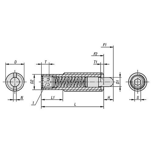 KIPP K0657.612X80 SPRING PLUNGER SPRING FORCE, LONG VERSION D=M12 L=80, STEEL, COMP:PIN STEEL