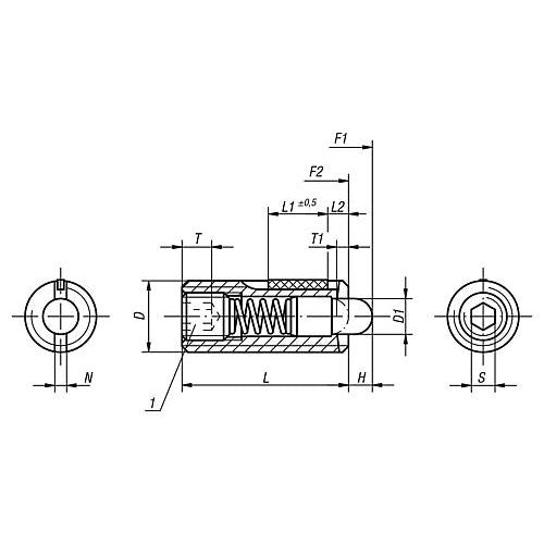 KIPP K0329.A5 SPRING PLUNGER STANDARD SPRING FORCE, WITH THREAD LOCK D=1/2-13 L=28, STAINLESS STEEL, COMP:PIN STAINLESS STEEL, PU=5