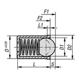 KIPP K0333.104 SPRING PLUNGER SPRING FORCE, SMOOTH VERSION, D=4 L=9, STAINLESS STEEL, LONG VERSION, COMP:STAINLESS STEEL