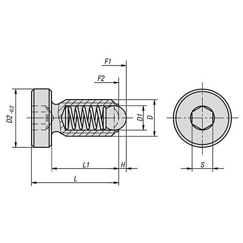 KIPP K0336.10 SPRING PLUNGER SPRING FORCE, WITH HEAD, D=M10 L=26, FREE-CUTTING STEEL, COMP:BALL STEEL