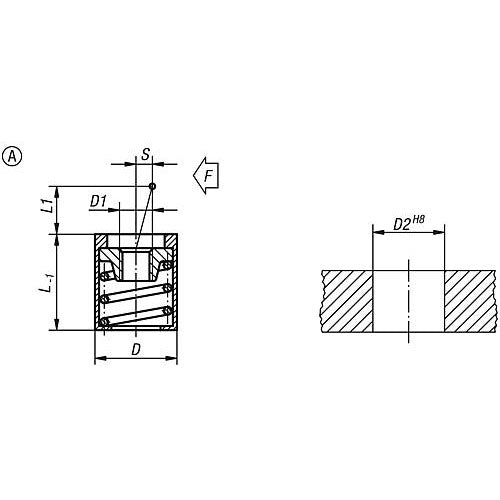 KIPP K0370.31056 LATERAL SPRING PLUNGER, SPRING FORCE WITHOUT THRUST PIN, FORM:A WITHOUT SEAL D=10,  L1=4, ALUMINIUM, COMP:STEEL