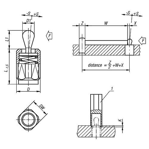KIPP K0371.1075X20 LATERAL SPRING PLUNGER SPRING FORCE, WITH THREADED SLEEVE WITHOUT SEAL, D=M12 L=19, STEEL, COMP:STEEL