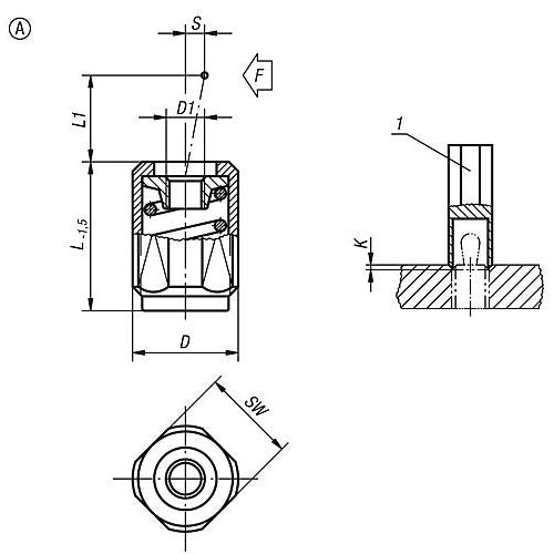 KIPP K0372.1075X27 LATERAL SPRING PLUNGER SPRING FORCE, WITH THREADED SLEEVE WITHOUT THRUST PIN, D=M12 L=26,5, FORM:A, STEEL,