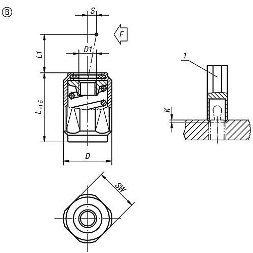KIPP K0372.2200X43 LATERAL SPRING PLUNGER SPRING FORCE, WITH THREADED SLEEVE WITHOUT THRUST PIN, D=M18X1,5 L=45, FORM:B, STEEL,