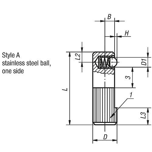 KIPP K0374.010 LATERAL SPRING PLUNGER SPRING FORCE, SINGLE SIDED, D=10 L=30, FORM:A, FREE-CUTTING STEEL, COMP:STAINLESS STEEL