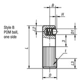 KIPP K0374.114 LATERAL SPRING PLUNGER SPRING FORCE, SINGLE SIDED, D=14 L=40, FORM:B, FREE-CUTTING STEEL, COMP:POLYACETAL