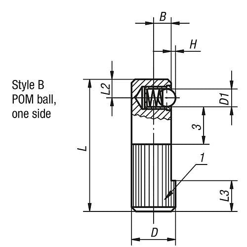 KIPP K0374.108 LATERAL SPRING PLUNGER SPRING FORCE, SINGLE SIDED, D=8 L=25, FORM:B, FREE-CUTTING STEEL, COMP:POLYACETAL