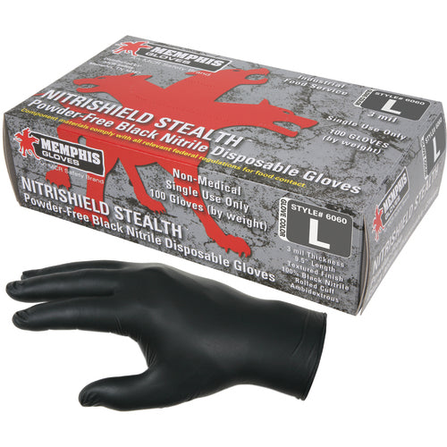 Memphis KB516060M NitriSheild Stealth Gloves - 3 mil Black Nitrile - Industrial/Food Grade - Powder Free - Box of 100 - Size Medium