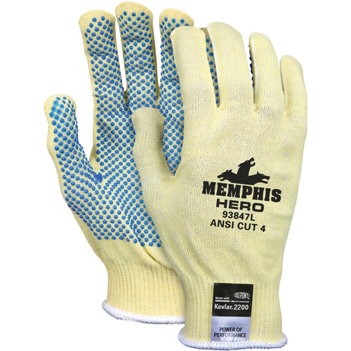 Memphis KB5193847L MCR Safety Cut Pro Hero Gloves - 13 Gauge Kevlar / Stainless Steel / Spandex - PVC Dots on Palm - Size Large