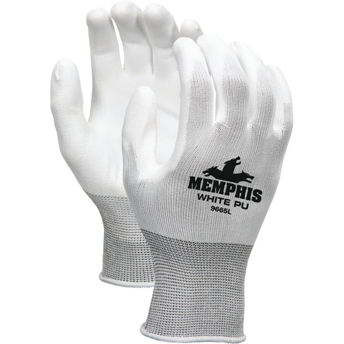 Memphis KB519665M 13 Gauge White Gloves - Nylon Shell - White PU Palm & Fingers - Size Medium